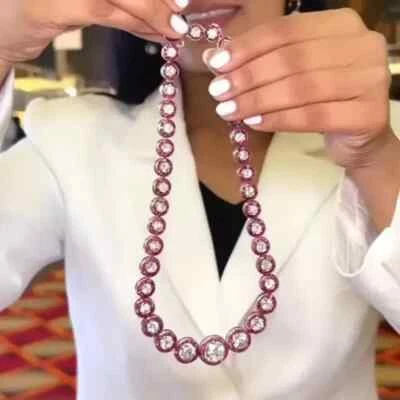 90Ct Lab Created Halo Ruby & Sapphire Statement Necklace 925 Sterling Silver 17" - Image 1 of 4