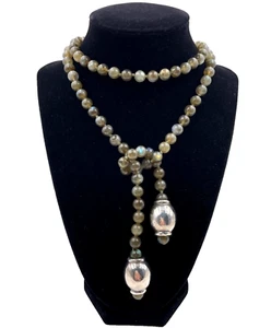 VNTG LARIAT NECKLACE TIE UPFRONT OR BACK LABRADORITE LRG STERLING SILVER PENDANT - Picture 1 of 11