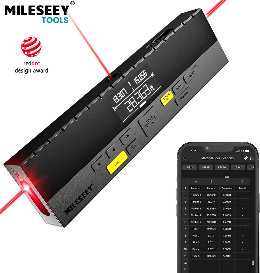 Mileseey 120M Laser Distance Meter Range Measure Tool Measurer Area Volume