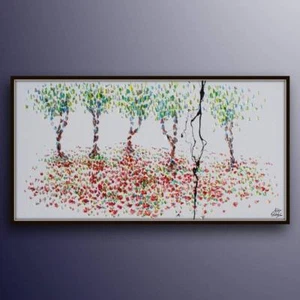 Bäume im Wald 55" Original einzigartiges Ölgemälde auf Leinwand, rote und grüne Farben - Bild 1 von 5