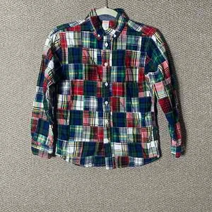 Gymboree Boys Shirt Size Large 10/12 Multicolor Madras Plaid Print Patches - Picture 1 of 11