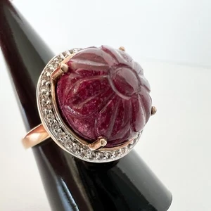 Anillo de cóctel con flores de rubí talladas en plata de ley pavé chapado en oro talla 7,25 RKS - Imagen 1 de 17