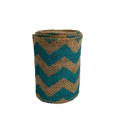 Tan Burlap Roll with Horizontal Blue Chevron Stripes 4 in Wide Craft Fabric - Image 1 of 3