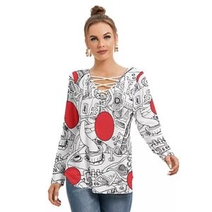 Artist hand drawing All-Over Print Women's Long Sleeve Neckline Tie Sweatshirt - Picture 1 of 5