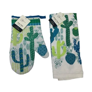 Mainstays Cactus Succulent Plants Kitchen Dish Towel & Oven Mitt Set 100% Cotton - Picture 1 of 2