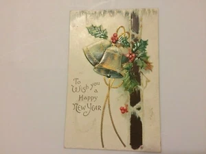 c1909 Vintage New Years Postcard  Bells, Holly, & Ice EMBOSSED Germany - Picture 1 of 2
