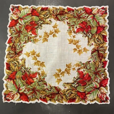 Lenço feminino vintage vermelho verde e dourado folhas e bagas recortadas outono - Imagem 1 de 4