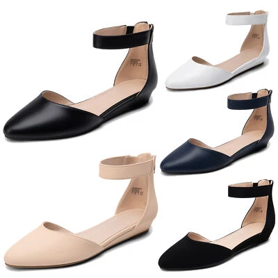 Women Flat Shoes Low Wedge Ankle Strap Pointed Toe Zip Closure Work Flat Shoes - Image 1 of 2