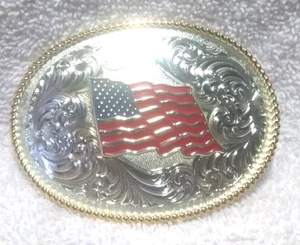 Montana Silversmiths Silver Flower Filigree USA Flag Fully Engraved Buckle Mint - Picture 1 of 10