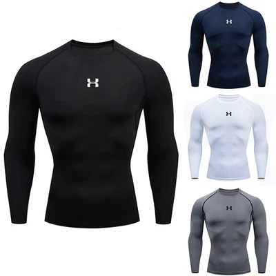Mens Compression Armour Base Layer Top Long Sleeve Thermal Gym Sports Shirts UK - Image 1 of 4