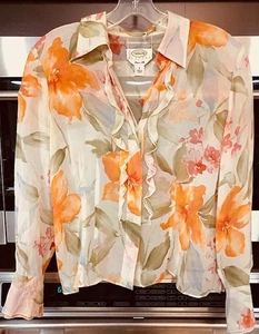 Talbots Pure Silk Blouse Women Floral Button up Top Ruffle Collar Shirt Petite 8 - Picture 1 of 2