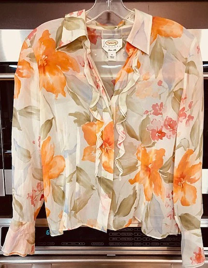 Talbots Pure Silk Blouse Women Floral Button up Top Ruffle Collar Shirt Petite 8 - Image 1 of 2