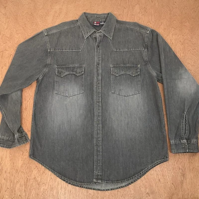 Camisa vaquera grande vintage años 90 Bugle Boy Western para hombre gris vaquero broches de presión pesados Foto 1 de 4