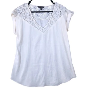 Express Womens Blouse White Lace V Neck Cap Short Sleeve Stretch Large - Picture 1 of 12