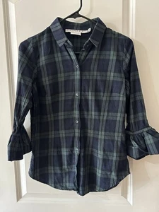 Gretchen Scott XS Tartan Karo Flanell Hemd Bluse Grün Schlagärmel Preppy - Bild 1 von 9