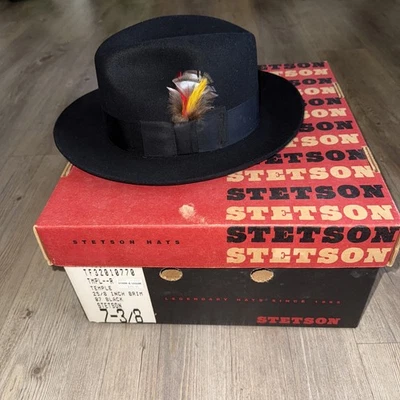 Stetson Sovereign Temple мужские черные войлочные федоры оригинальная коробка размер 7 3/8 винтаж - Изображение 1 из 4
