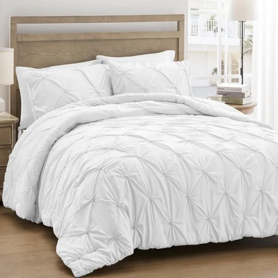 3 Piece Queen Bedding Set, Boho Pintuck Comforter,Comforter,2 Pillowcases, White - Image 1 of 4