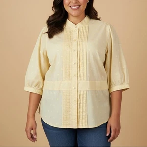 Blusa CJ Banks Amarilla Lunares Pintuck Talla Grande Manga 3X 3/4 Cuello Banda Top - Imagen 1 de 10