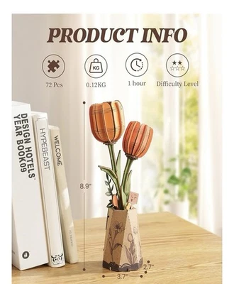 Robotime 3D Puzzle Naranja Tulipán TW081, HÁGALO USTED MISMO Modelo Artesanal de Flores de Madera Nuevo Foto 1 de 4