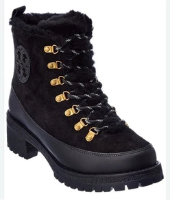 Tory Burch Thea Shearling Lug Sole Black Boots Size 6M - Picture 1 of 16