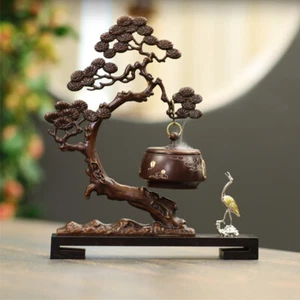 Zen Style Incense Burner Wealthy Tree With Ebony Wood Base Pure Brass Crane New - Picture 1 of 12