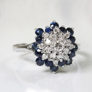 2.10 Ct Round Blue Sapphire Diamond Cluster Engagement Ring 14K White Gold Over - Picture 1 of 10