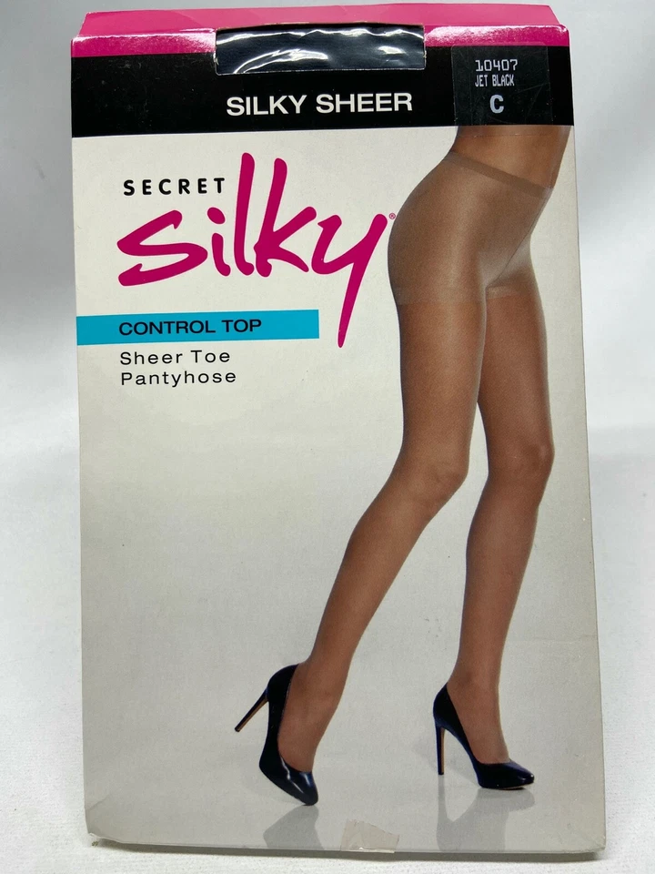 GILDAN SILKY SHEER - D - JET BLACK - CONTROL TOP SHEER TOE PANTYHOSE - 10407
