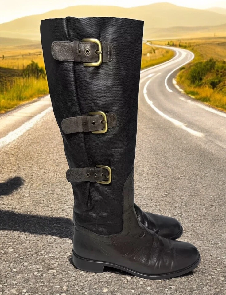 Botas Stuart Weitzman Talla 9 Altas Cuero Recubierto Lona Hebillas Laterales Rodilla Marrón Foto 1 de 4