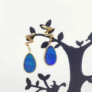 14k Solid Gold Dangling Earring with Free Form Australian Natural Doublet Opal - Picture 1 of 10