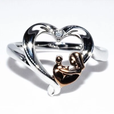 Two Tone Gold Plated Silver Diamond Accent Mom & Baby Heart Ring Mom Gift - Image 1 of 4