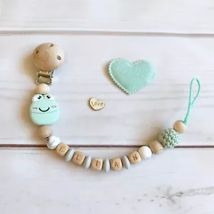 Cadena Chupete Correa Nuckelkette con Nombre Verde Menta Gris Madera Silicona - Bild 1 von 1