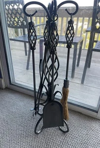 Vintage Wrought Iron Fireplace Tool Set - 5 pieces: Broom Shovel Poker Lifter.. - Picture 1 of 16