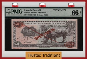 TT PK 6s 1960-61 RWANDA-BURUNDI 500 FRANCS SPECIMEN BLACK RHINO PMG 66 EPQ GEM - Picture 1 of 2