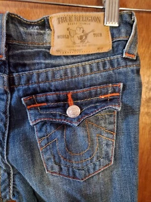 Jeans masculino True Religion World Tour tamanho 7 aba bolsos com botão cintura ajustável - Imagem 1 de 4