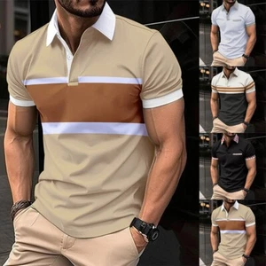 T-shirt uomo a righe maniche corte slim con bottoni colletto camicia muscolare camicetta top - Foto 1 di 26