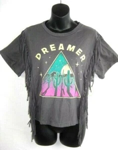 Moon Child Womens Dreamer Cropped Graphic Tee Shirt Medium Gray Fringed Boho  - Picture 1 of 5
