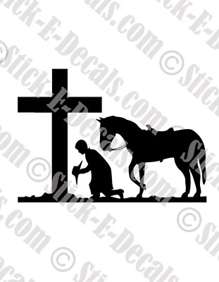 STICK-E-DECALS Cowboy Kneeling at Cross with Horse Vinyl Decal Sticker - FREE USA SHIPPING