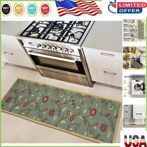 Machine Made Floral Seafoam Non-Slip Runner Rug 20x59'' for High Traffic Areas - Picture 1 of 14