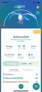 ⚡️ AMAZING ARTICUNO 2500CP + 2ND MOVE!! ⚡️ - PKMN GO!!! - NON REGISTERED TRADE! - Picture 1 of 2