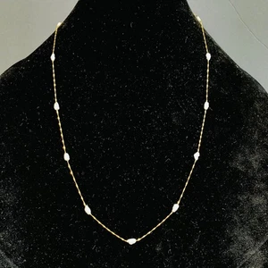 VTG 14K Yellow Gold Rice Pearl Station Necklace Designer Italy 2.25g 24" RARE - Picture 1 of 10