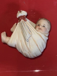 Antique German Bisque Baby Wrapped in Blanket Whimsy Ornament chip at hanger - Picture 1 of 6