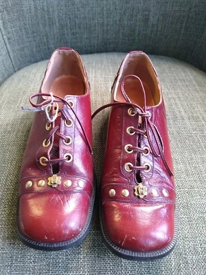 Vintage Etienne Aigner Oxblood Leather Block Heel Lace Up Ox Shoe Brass Accents - Image 1 of 4