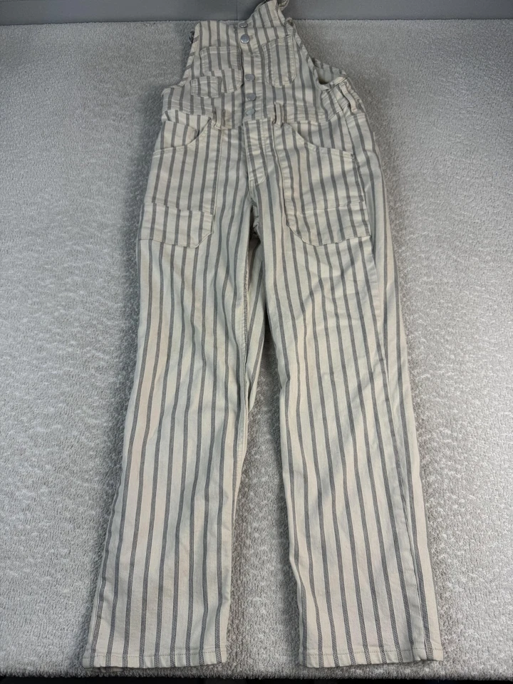 Pilcro Overalls Womens 27 Ivory Blue Stripe Button Front Bib Utility Pockets - Image 1 of 4