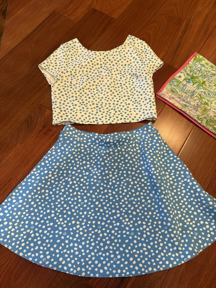 Lilly Pulitzer 2 件套半身裙套装,女孩 14(适合女士 00),蓝色/白色,   — 第 1/1 张图片