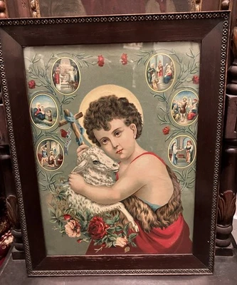 Hermosa imagen antigua con impresión religiosa de Juan el Bautista colores brillantes Foto 1 de 4