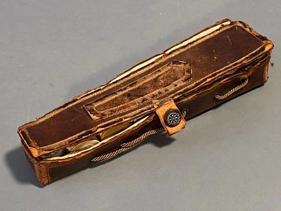 Antique Bronzed Leather Spool Holder Sewing Kit Case Thread Needle Thimble - Image 1 of 4