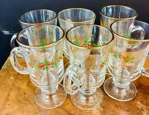 Set of Six Libby Vintage Christmas Holly Berry Irish Coffee Mugs W/Gold Rims - Picture 1 of 15