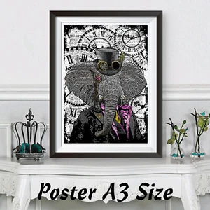 Steampunk Elefant Poster Größe A3 Wörterbuch Hintergrund. Tierbild Wandbild - Bild 1 von 2