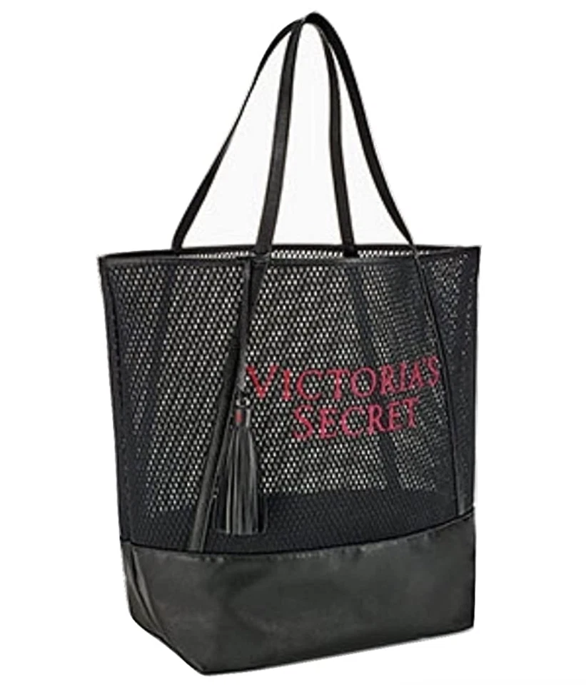 Bolso de Mano Grande Victoria's Secret Logo Bordado Malla Negra  Foto 1 de 1