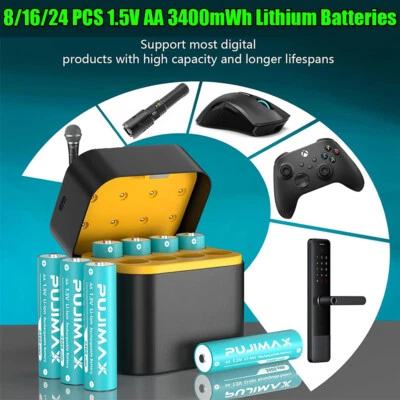 8/16/24PCS AA 3400mWh 1.5V Lithium Battery Rechargeable + Integrated Charger Box - Image 1 of 4